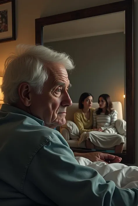 An image of an elderly man watching his daughter and son-in-law(22 year olds)that are on the couch, while they were in the room,from the mirror, and the gentleman was lying in his bed