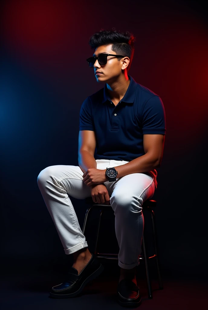 A  tan boy with gym body and low fade cut black curly hair  and navy blue polo t shirt and white long trousers and old watch on it and black loafers sitting on black stool and black background red and blue light on it the boy turning right side and wereing...