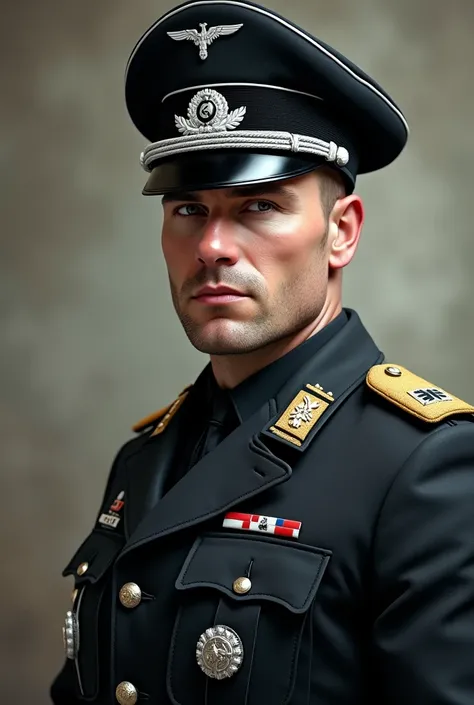 A German SS soldier officer, with the black leather uniform and a black leather hat. Chris Evans. ultra realistic hd image. fully body. 