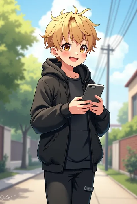 Boy 1.75 tall, with white skin, short hair, fluttering and messy blonde, Brown eyes, with a black long sleeve, black gym pants and wearing a black rain jacket, using his cell phone while smiling. anime style