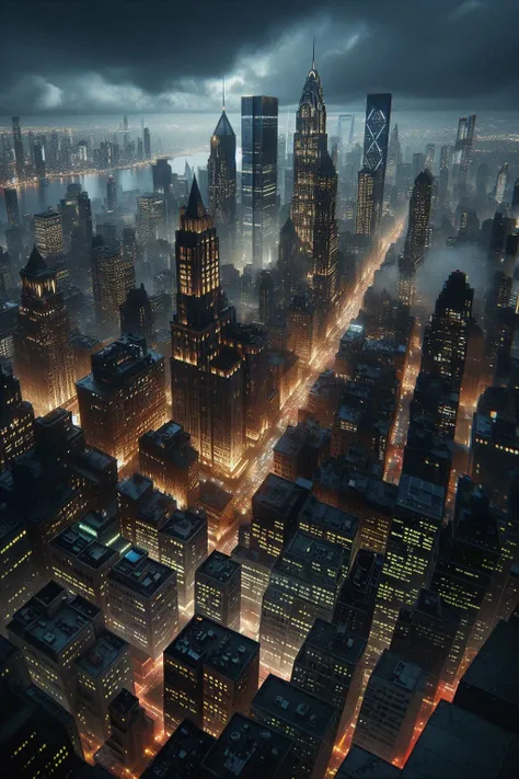 Cityscapes of Gotham City in the night, modern-old buildings, straight and bright illuminated streets.