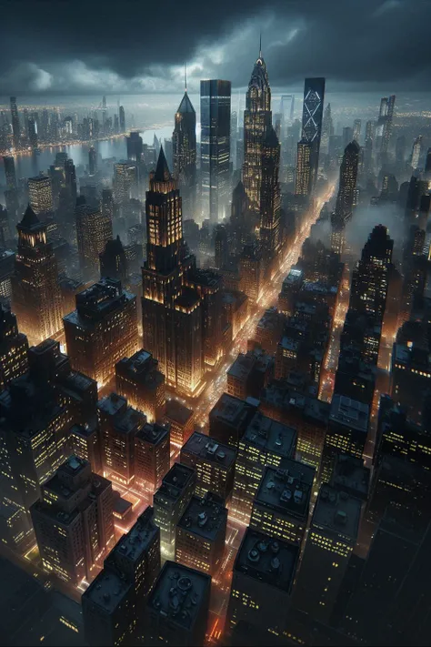 Cityscapes of Gotham City in the night, modern-old buildings, straight and bright illuminated streets.