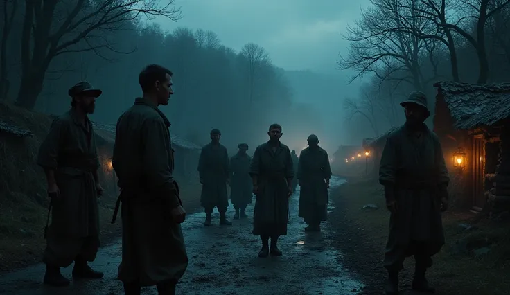 Men listen mysterious voice frome their back of village in the of evening 