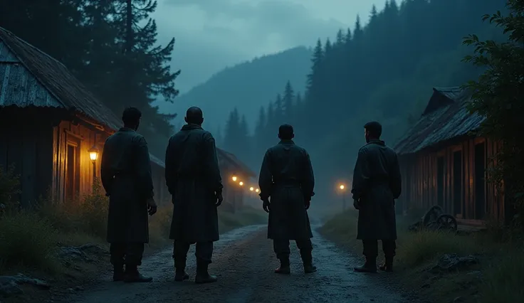 Men listen mysterious voice frome their back of village in the of evening 