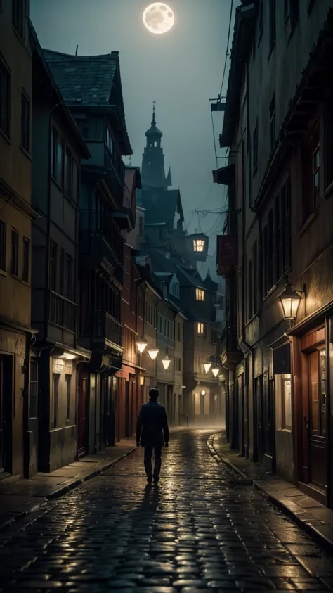 A realistic 4K cinematic image of a man named Lucas walking alone on a deserted cobblestone street at night under a full moon. The street is dimly lit, and the eerie moonlight highlights the fact that Lucas has no shadow. The scene is dark and suspenseful,...