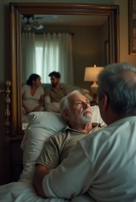 An image of an elderly man watching his daughter and son-in-law(22 year olds)that are on the couch, while they were in the room,from the mirror, and the gentleman was lying in his bed