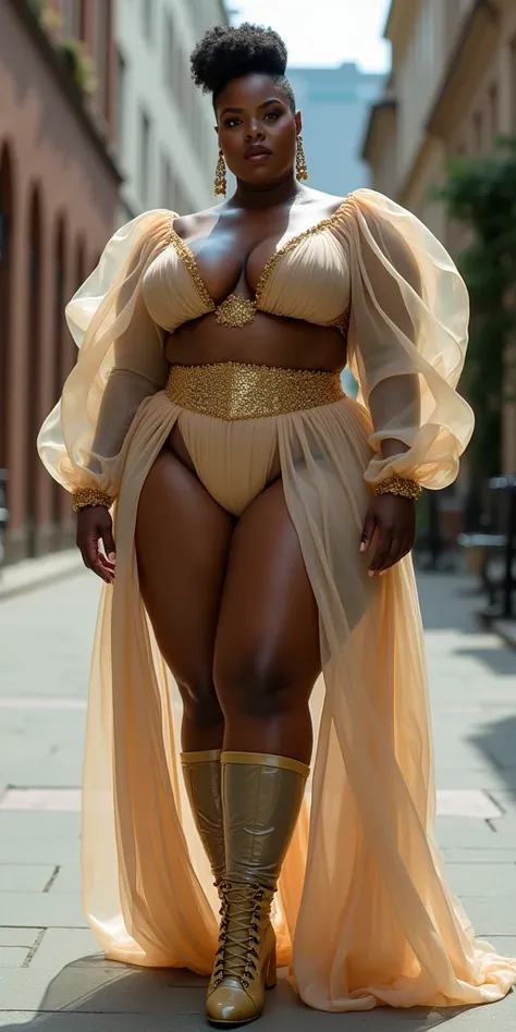 MASSIVE HIPS, MASSIVE BUTTOCKS, translucent (khaki plastic) leg warmers + garters, UHD, Shes a dark skin melanin Goddess, fair sidewalk, with infinitely small waist, translucent puffy MASSIVE sleeves skirt, tiny waistline:2, swanky fade cut, no nudity 