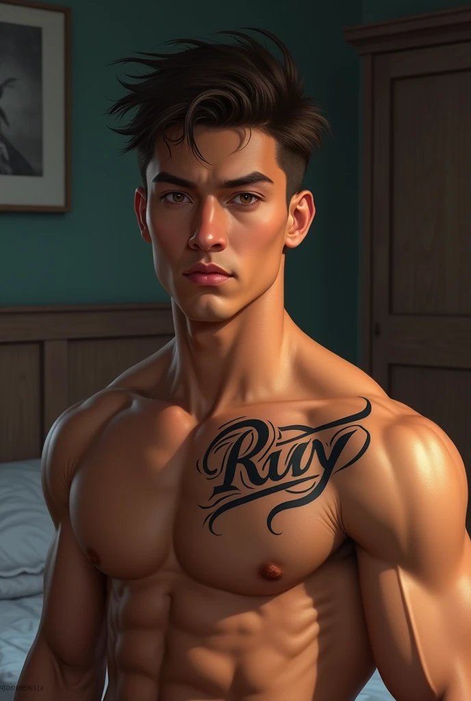 a young man AI high quality muscular tattoo with name “ruy” tan skin piercing gaze with realistic bedroom background 