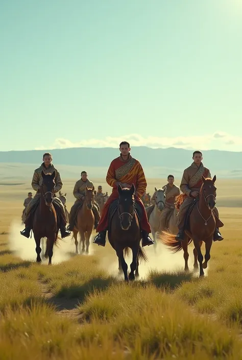 "Depict a vast, open steppe with a mix of green and golden grasses stretching to the horizon under a bright, clear sky. The scene features 1,000 modern Mongolians on horseback, riding together in a powerful, coordinated movement. The riders wear a mix of t...