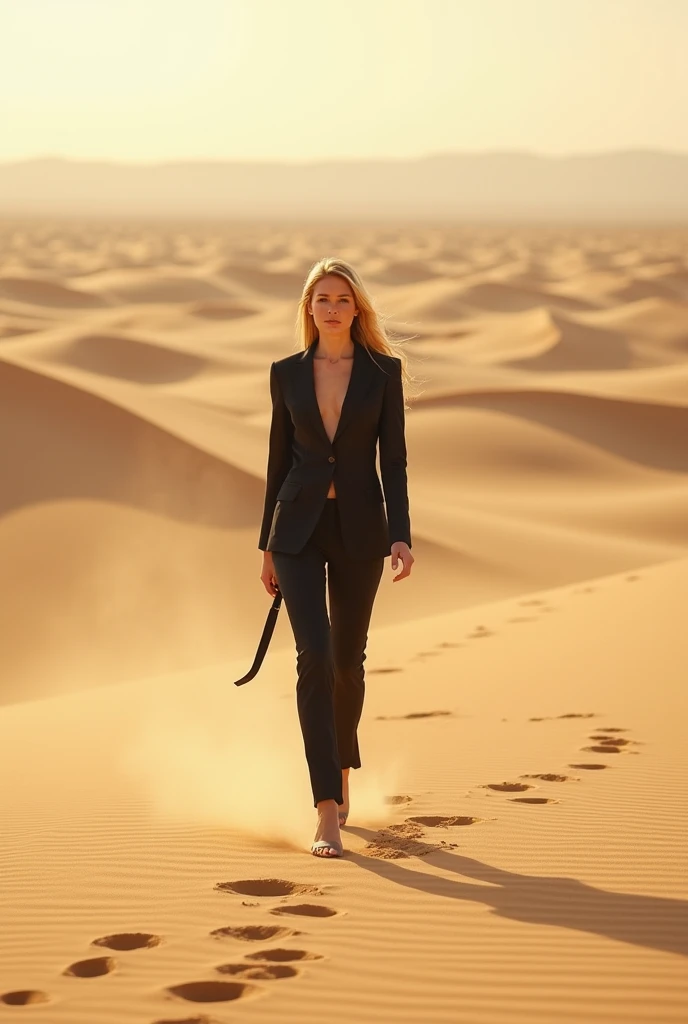 Slim blonde executive sweeping the sand dunes of Coro 