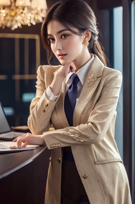 a very detailed and realistic CG Unity 8K wallpaper, high quality, extremely detailed, photorealistic, extremely detailed elegant office lady ,full body,suit, intricate details, studio lighting, masterpiece, cinematic lighting, delicate fabric, elegant pos...