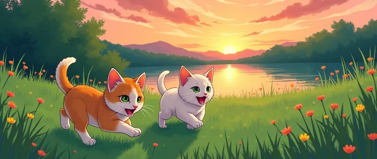 Draw (in manga lines) two kittens running in a green field, with a calm lake, At the sunset, with horizontal view, in a general plan