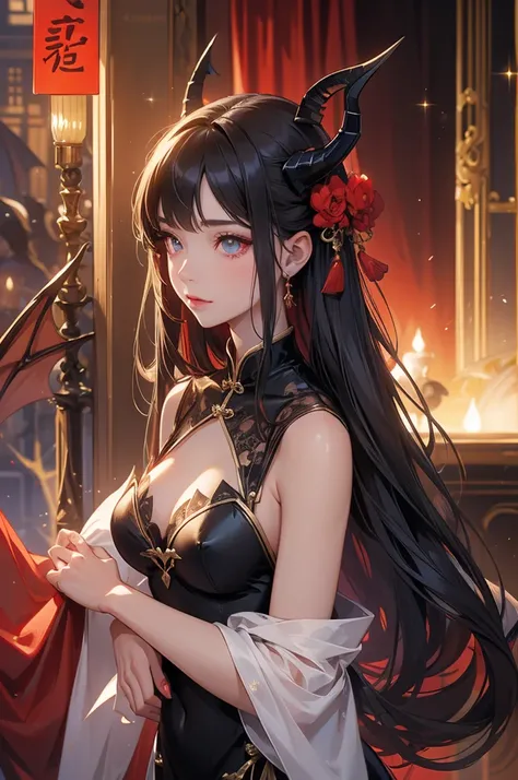 2,A beautiful woman,Beautiful breasts,Moe,Succubus,bat wings on the back,,Dragon horns on the side of the head,China dress,royal palace