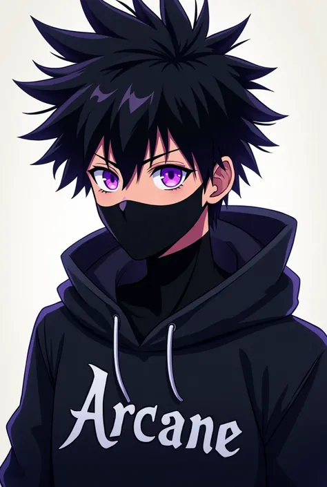 create for me a 2d anime character with black spiky hair , purple evil eyes illuminated , black mask covering the nose and mouth , he has a black sweatshirt that says arcane , emphasizing the evil in the look , but bringing a conflict between good and evil...