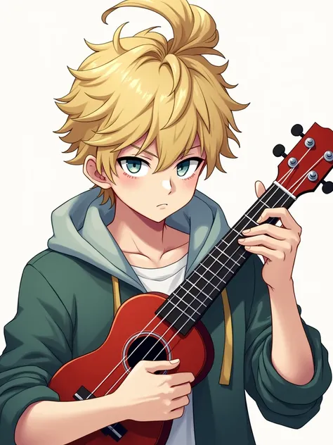 Anime man with blond hair pulled into a messy man-bun, grey eyes, pale skin, and a serious look on his face, holding up a ukulele, style of MHA