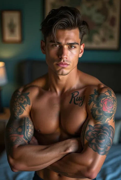 a young man AI high quality muscular tattoo with name ruy tanned skin piercing gaze light pink mouth with realistic bedroom background 