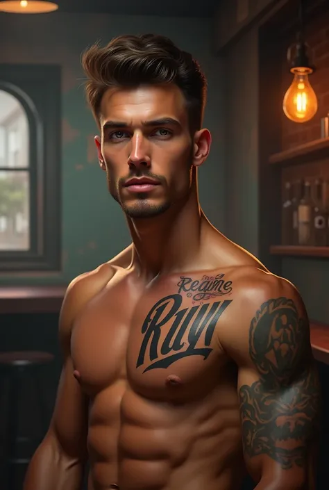 a young man AI high quality muscular tattoo with name ruy tanned skin piercing gaze light pink mouth with realistic bar background 