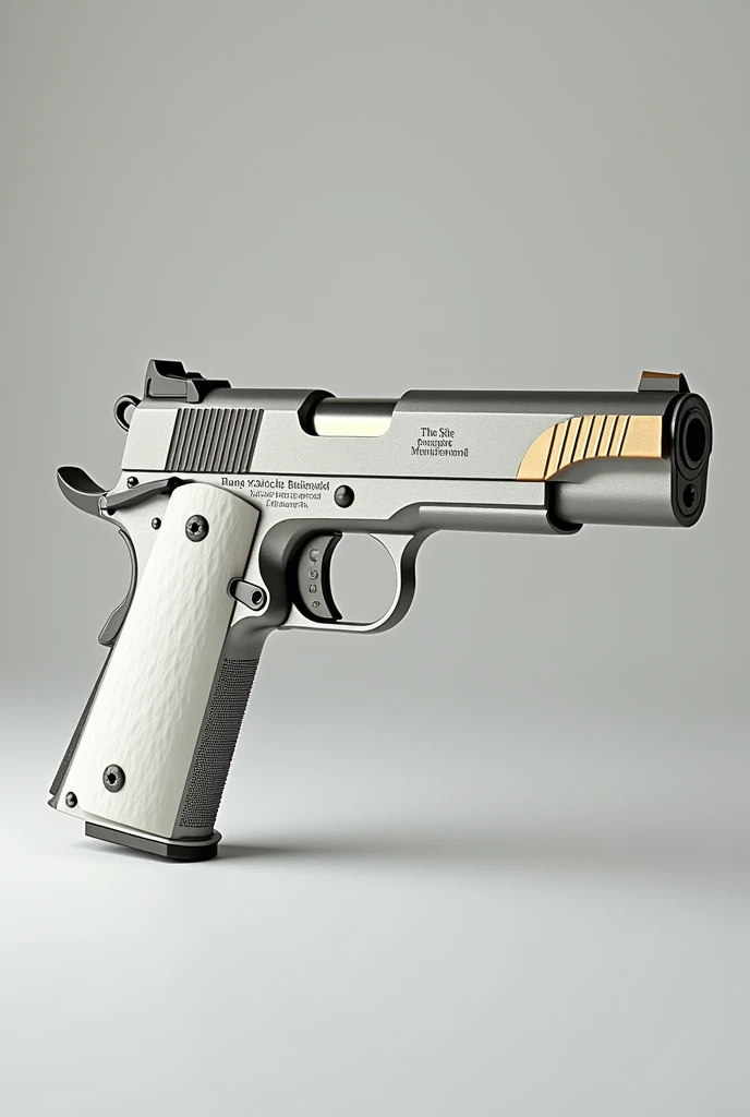 1911 Pistol, white pistol grip, silver pistol barrel with gold details 