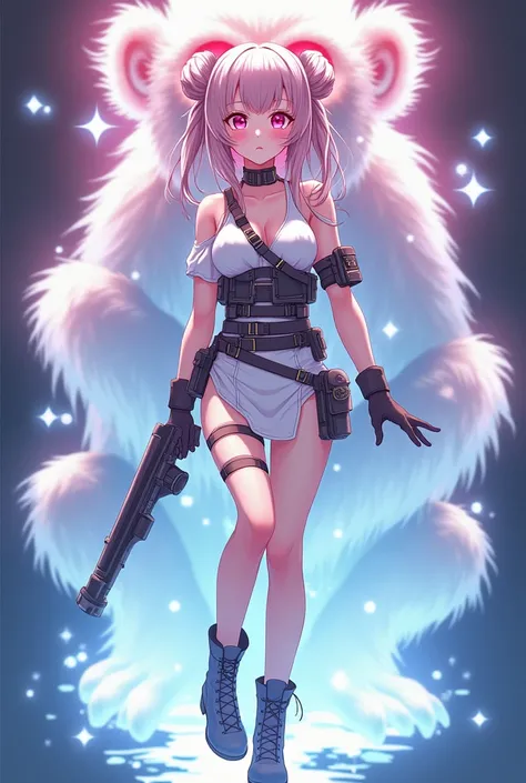 Anime Style　White miniskirt dress with black boots、Full image of a girl in combat gear with pink eyes、Monkey Background、Ghost of a monkeyのオーラが背景、Pink eyes and twin bun hair、A beautiful girl in a white one-piece dress and combat gear is surrounded by a red ...