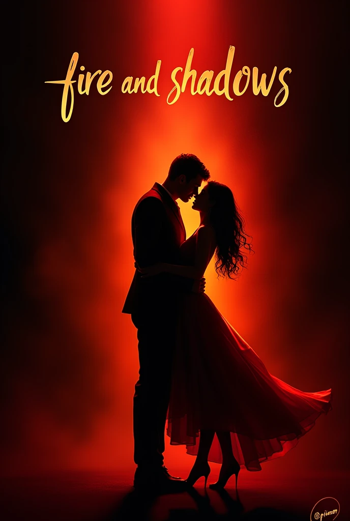 • Bottom: A gradient from red to black.
•	Imagen principal: A silhouette of a couple in a suggestive embrace in the center.
• Title: "fire and shadows" in gold cursive font at the top.
• Author: [p.iron] at the bottom in white.
