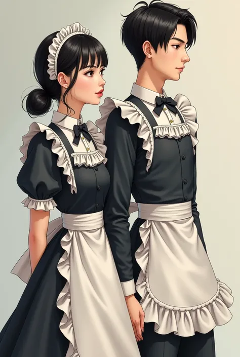 Asian man between 20 and 26 with white skin and black hair wearing a maid outfit with an Asian girl with white skin and black hair also wearing a maid outfit, totally human