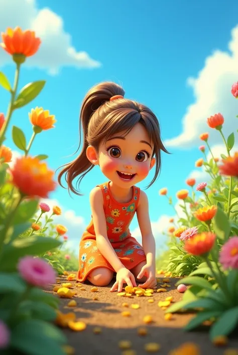 “A cheerful young girl named Mia, around , with long brown hair tied in a ponytail. She wears a bright, colorful dress with floral patterns and a wide smile. She is kneeling in a lush garden, planting golden seeds with care. The background features a sunny...