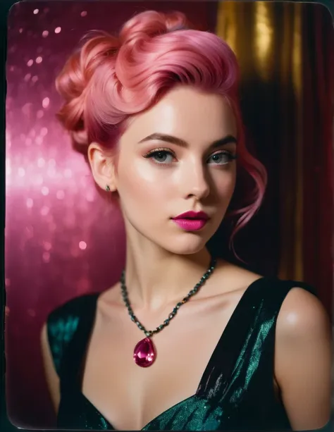 Very attractive 25 year old caucasian female with long wavy bright pink hair,photo of (1rel4ndb:0.99), ((tintype)), (Polaroid frame:1.2), perfectbright pink hair upsweep updo tight bun, cool looking fashion model, glamour fashion event, closeup portrait, w...