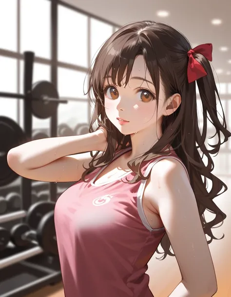 score_9,score_8_up,score_7_up,masterpiece,highest quality,Perfect Anatomy,Exquisite detailed,photo realistic,realistic,1 woman,uzuki shimamura, long hair, brown hair, wavy hair, one side up, hair bow, brown eyes,large breasts,sweaty,gym