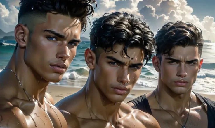 [((highly detailed, detailed eyes, detailed face, clear and realistic facial features, photorealistic, realistic light, cinematic, close up)), ((((group of 3 men, each man looks unique, each man has a different natural hair color and length, each man has s...