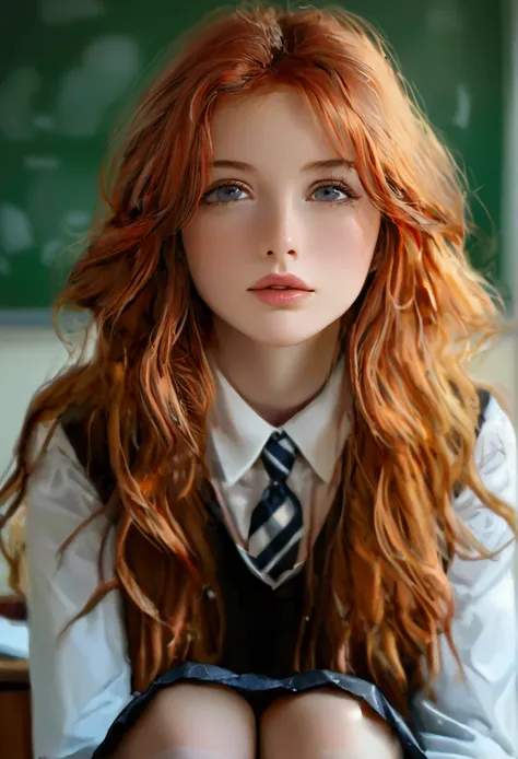 ultra realistic, photography, long red hair, irish girl, 2, hourglass figure, perfect body, small breasts, Flirty look, blur background, wearing a school girl outfit (open blouse with cleavage, skirt, white opaque thigh socks, a tie), sitting in classroom,...