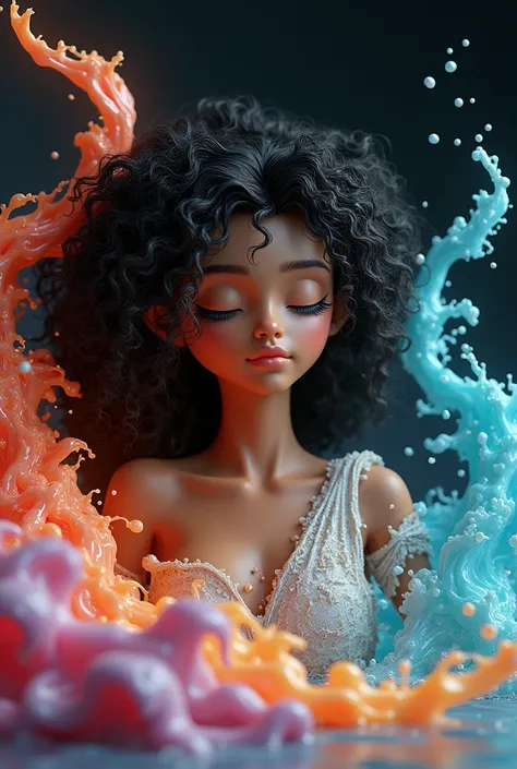 (subrealism animation:1.2), Expressing the flow of ink dancing in the wind.,Effects of water,colorful water,Goddess:governing the arts:Manipulate water:rich hair:sleeping:perfect face:beautiful::healthy,young,curly hair,dark golden skin,ink splash,sparklin...