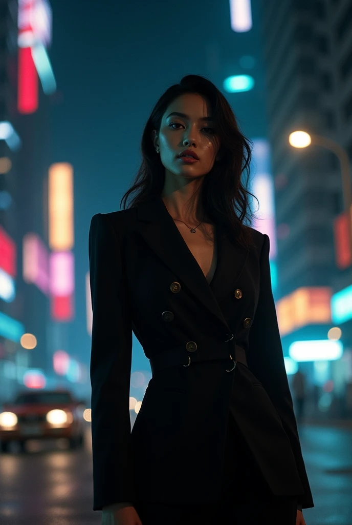 

"A cinematic hyperrealistic posterized version of beautiful lady women with black suit sharp nailed full body white inner night city background movie title at above wrote GAMPANG the movie 