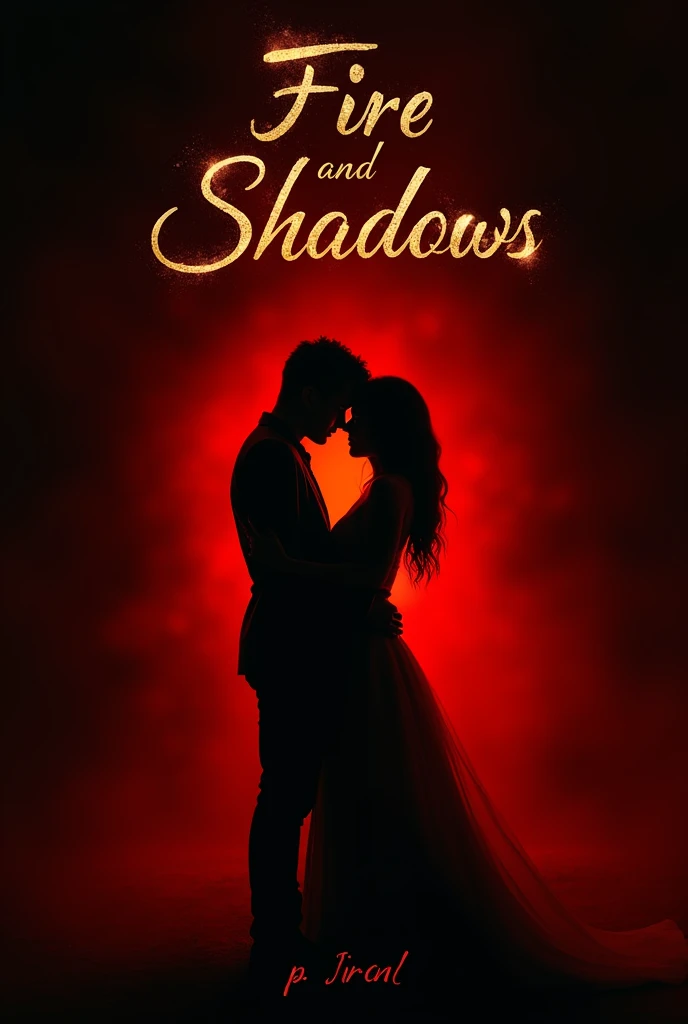 • Bottom: A gradient from red to black.
•	Imagen principal: A silhouette of a couple in a sensual pose and in a suggestive embrace in the center.
• Title: "fire and shadows" in gold cursive font at the top.
• Author: [p.iron] at the bottom in white.
