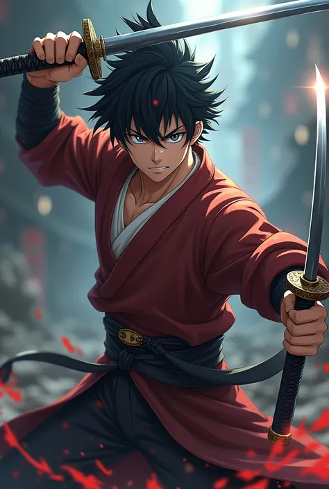 Strong 3D style anime male boy with a katana in each hand doing a battle pose