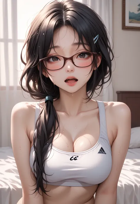 score_9,score_8_up,score_7_up,1mature female,large breasts,black eyes(half  close eyes:0.8)no makeup,black hair,long hair,straight hair,low ponytail,Center-parted bangs,hair clip,Glasses,nude,white sports bra,white panties,open mouth,blush,sweaty