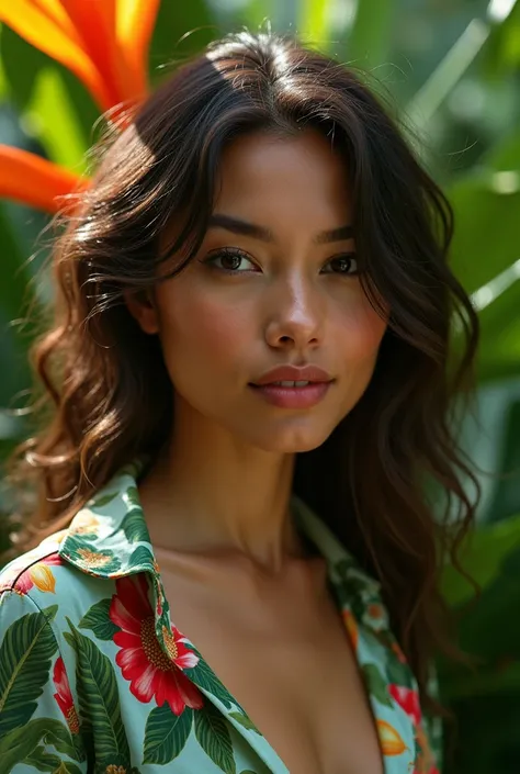 A Brazilian woman in a lush tropical garden, wearing an open shirt with a floral print, with a close-up capturing the harmonious beauty between her breasts and the natural flowers, showing off your natural charm and outgoing personality.