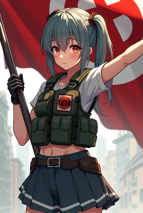 Anime girl militaire avec un patch 14/88 écrit en gros sur son gilet par balle elle tient un drapeau avec écrit 88 dessus et elle tend le bras droit 