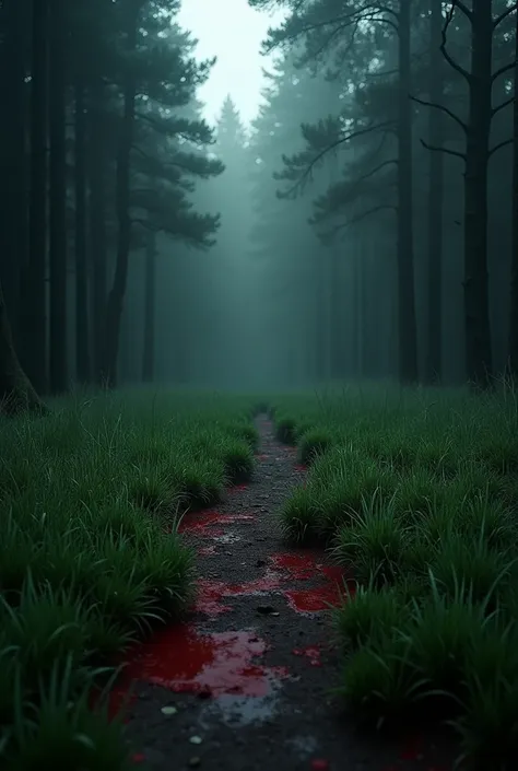 75% quality, 4k hd, square size, dark clearing with blood on the grass