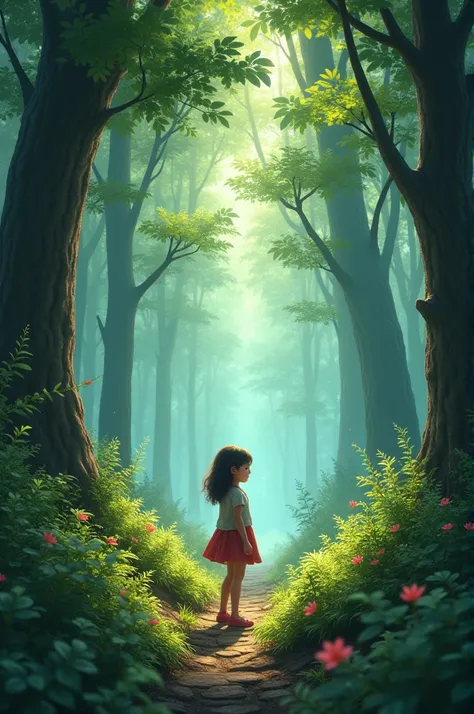  The boundary of a magical forest with a clear separation between the forest and the outside world, inviting a young girl to cross."
 Hyper-realistic, 8k,ultra HD, pixar style, Disney style, cinima 4d, ar 3:2