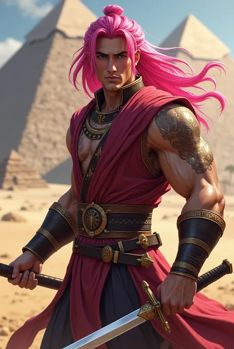 Recreate this photo, only that the character becomes a man, half egyptian, pink hair, with a sword in a uniform from an Egyptian martial arts academy, in the place written SHADES put SLIFERGOD. In the background of the image place pyramids.