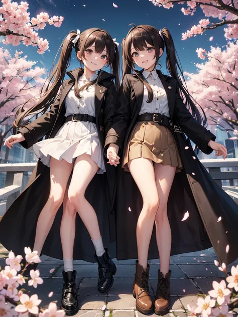 (16K,Ultra-high resolution,Highest quality,masterpiece,Super detailed,Perfect lighting),A nostalgic future,Superpowered girl,Brown Hair,Shoulder-length twin tails,Straight hair that reaches to the waist,((Black coat:1.3)),White shirt,Beige mini skirt,Cherr...