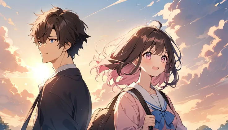 high school student,1 male,1 female,Medium Hair, Dark brown hair, Pink highlights on the tip, Pale pink eyes,Smile Facial,Blue Sky Morning,Light of the sun,seihuku,Going to school