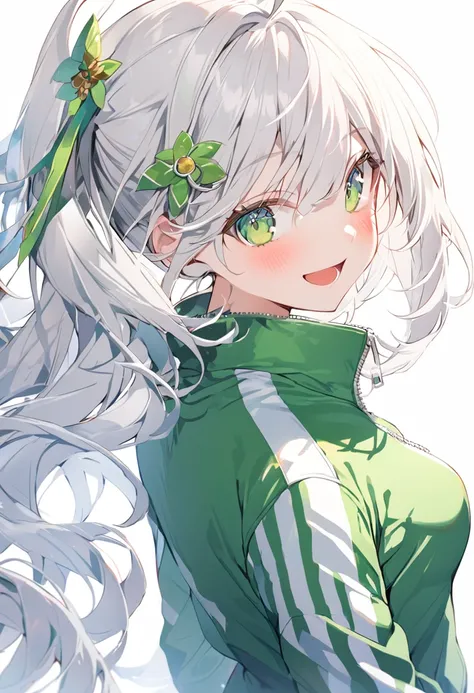 an anime woman with white hair in a green jacket and sports pants, 1girl, solo, long hair, jacket, pants, green eyes, track jacket, white background, looking at viewer, smile, simple background, blush, hair ornament, open mouth, gloves, long sleeves, finge...