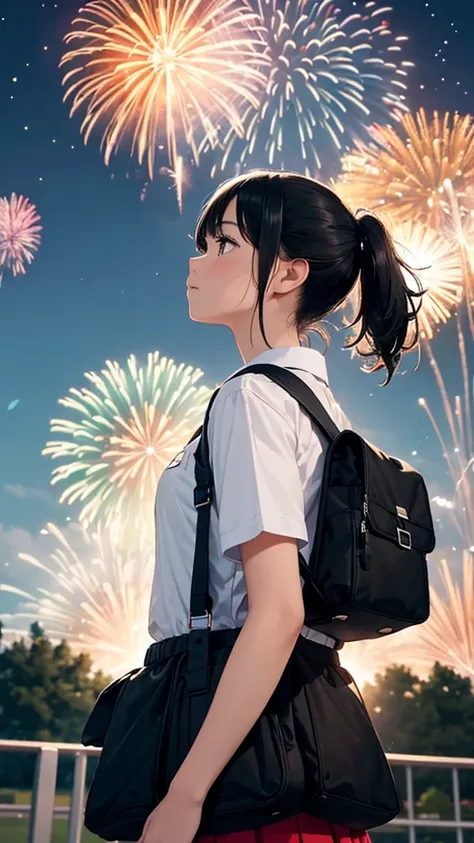 High resolution　Fireworks going off behind the school　High school girl looking up at fireworks　1 person　Black Hair　ponytail　Carrying a school bag over your shoulder　Watching from the park　high quality