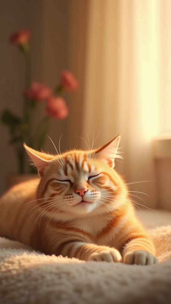 A cat showing a moment of relief. The cat is in a relaxed posture, with its eyes half-closed and a gentle smile on its face. Its body is loosely stretched out, exuding a sense of comfort and contentment. The background is a warm, softly lit space that conv...