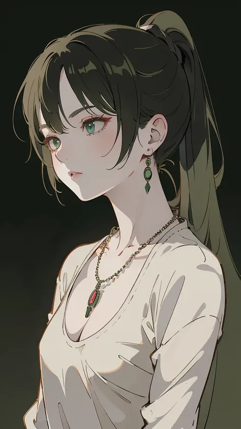 (masterpiece, best quality, 8K, Clear focus, Depth of Field, Best shadow, Perfect lighting, HDR, Realistic skin texture, ultra-detailed background, detailed), Anime style, One of them has green eyes, White skin, Black Hair，Ponytail, Necklace, Small Breasts...