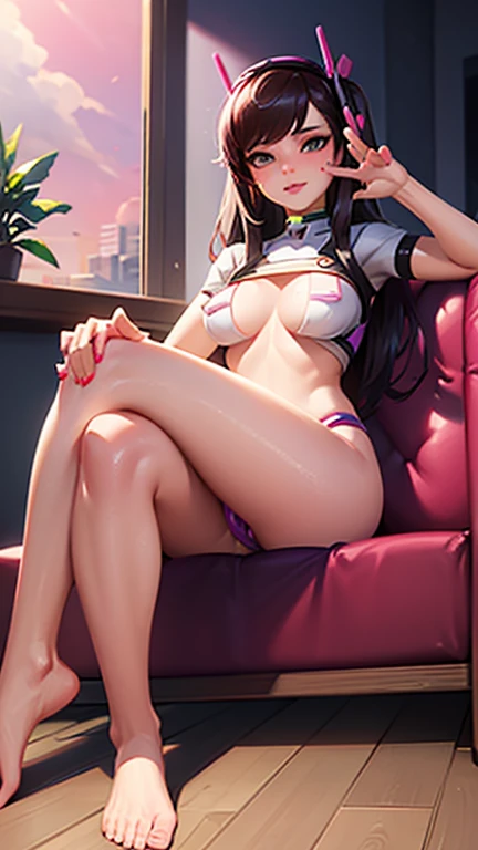 Overwatch Dva half naked, PROVOCATIVE POSE, crossed legs, sitting, Room with natural lighting. 