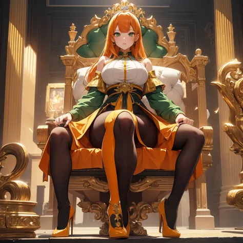 最high quality、best image quality、masterpiece、girl((20-year-old、sexy, By becomin, big bust, highest valley, orange hair, green eyes, yellow high heels, black pantyhose, sitting on a throne)), high quality、beautiful art、background((throne room))、flight、debri...