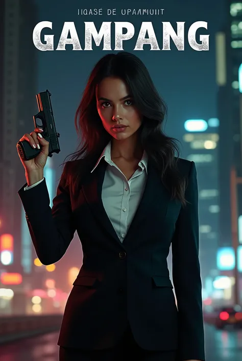 

"A cinematic hyperrealistic posterized version of beautiful lady women with black suit sharp nailed full body white inner shirt  night city background movie title at above wrote GAMPANG the movie  head pose at front right hand hold pistol Glock 17