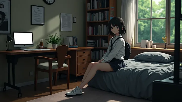 a bedroom of a nerdy anime girl, on the style of the "Death Note" anime series, no character, masterpiece, precision
